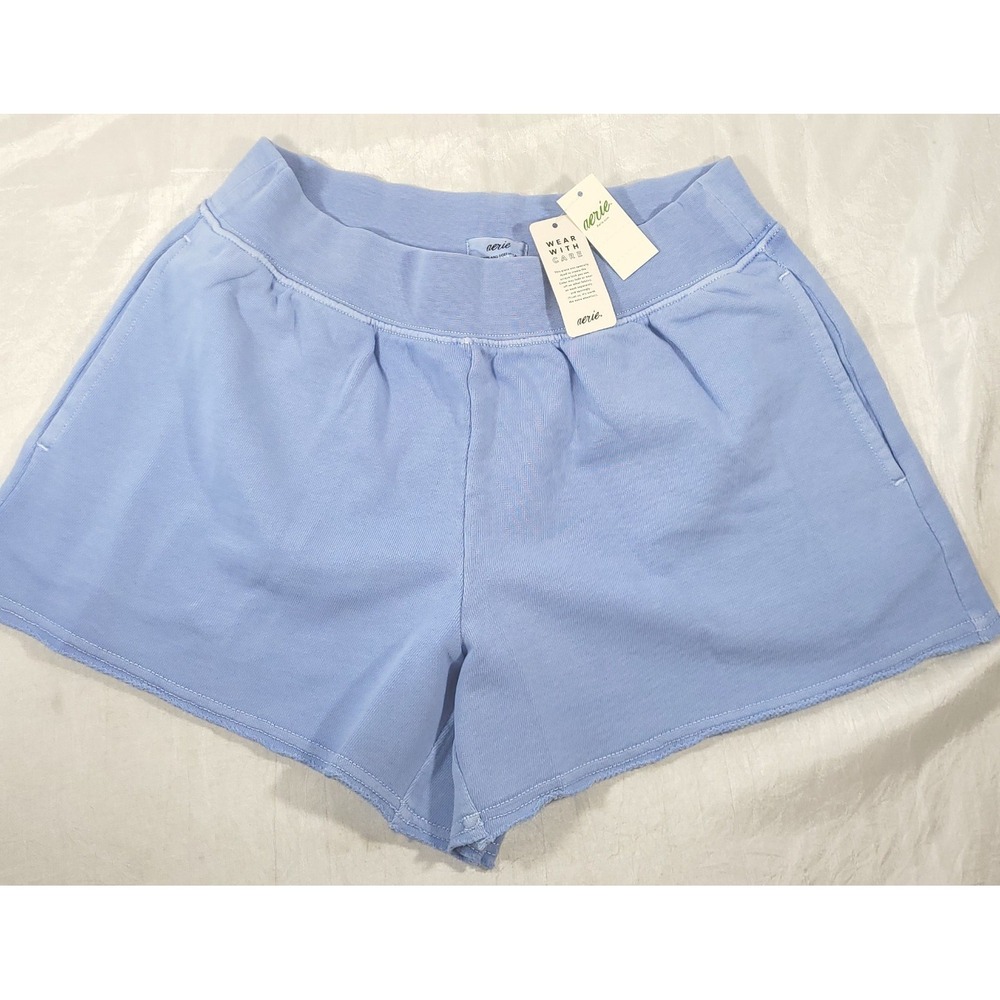 Aerie Women's Mid Rise Raw Hem Fleece Sweat Shorts - Light Blue - XS
